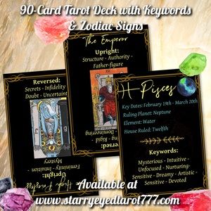 90 Card Bridge Tarot Deck with Keywords & Zodiac Signs - Black and Gold Theme